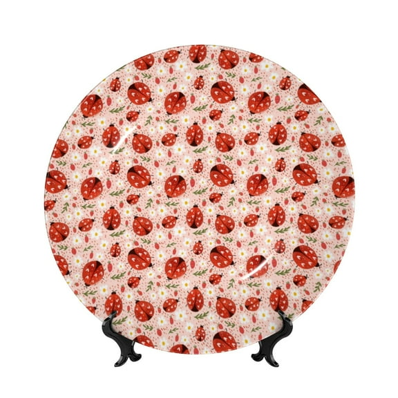 Picia Ladybugs With Heart Spots Pattern Bone China Decorative Plate – Wall Decor with Stand and Adhesive, Elegant Ornament for Living Room, Office, or Entryway-6in