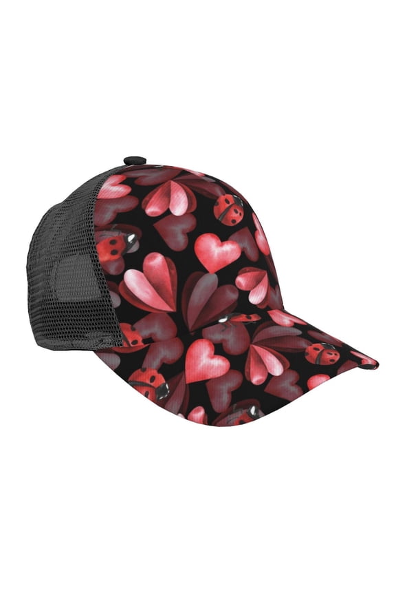Ladybugs and Red Hearts Pattern Trucker Hat,Baseball Cap,Sun Protection Cap,Stylish Headwear,Leisure Cap,Outdoor Sports Cap