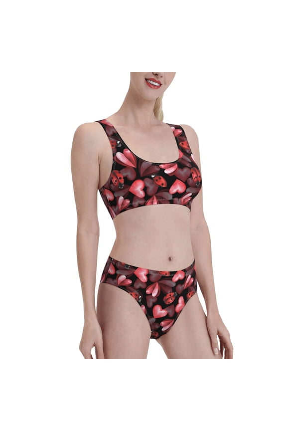 Ladybugs and Red Hearts Women's High Waisted Bikini Scoop Neck Swimsuit Two Pieces Bathing Suit-Medium