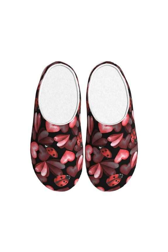 Ladybugs and Red Hearts for Women's Lamb-hug Comfy Fleece House Slippers Memory Foam, Slip-on House Shoes Indoor Outdoor-46/47
