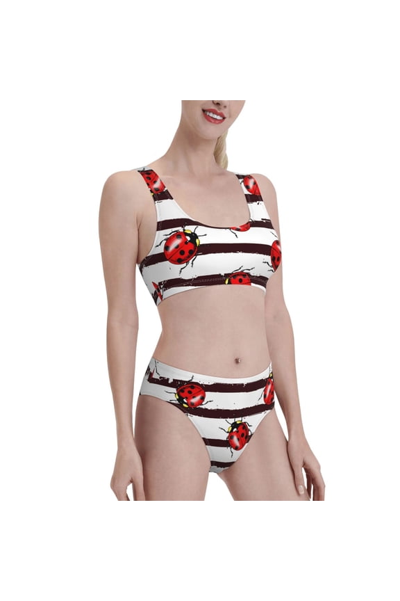 Ladybugs on Black and White Striped1 Women's High Waisted Bikini Scoop Neck Swimsuit Two Pieces Bathing Suit-Large