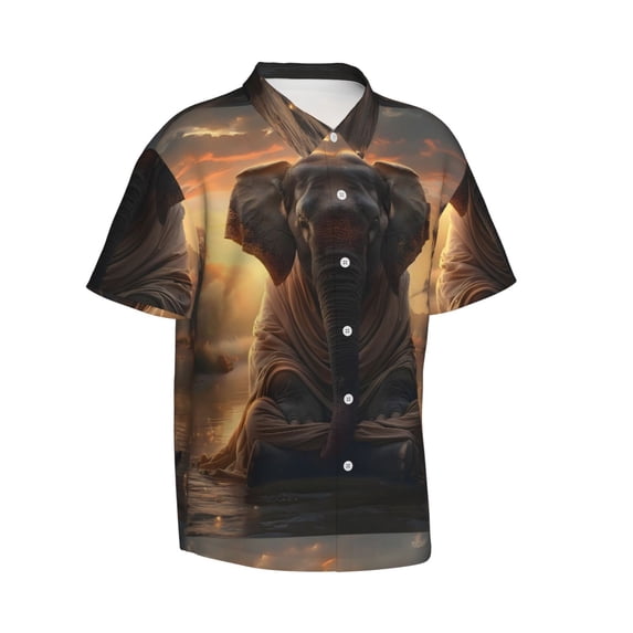 Picia Lake Meditating Elephant Gentle Cotton Regular Fit Short Sleeve Casual Hawaiian Shirt for Men-Large