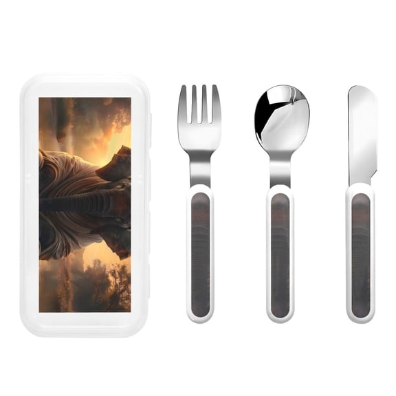 Picia Lake Meditating Elephant Print Children's Knife, Fork And Spoon Set - Kids Knife Fork Spoon - Stainless Steel Kids Silverware Set - Metal Kids Cutlery Set