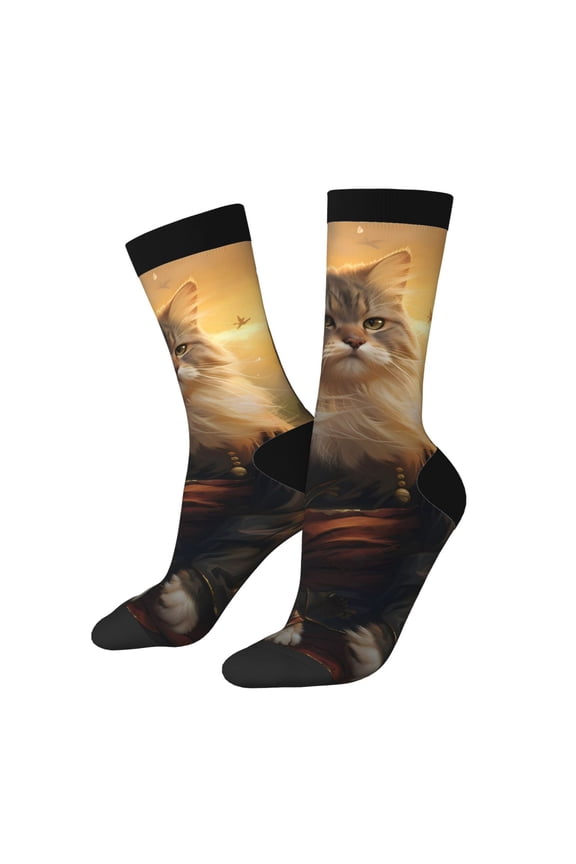 Lakeside Flower Field Cat Print Athletic Socks for Men & Women – Cushioned Moisture-Wicking Crew Socks for Sports, Running, and Training, Soft & Breathable Size 5-11