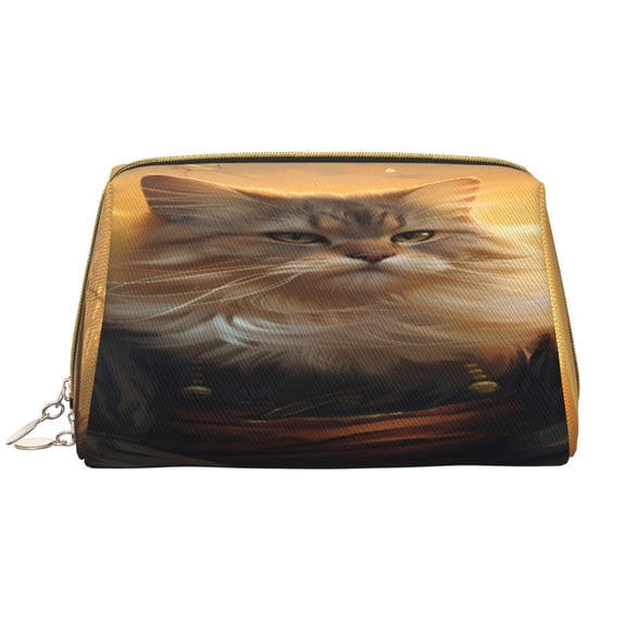Picia Lakeside Flower Field Cat Print Leather Makeup Bag Make Up Bag Travel Toiletry Bag for Her Girlfriend Teacher Teen Girl Gifts