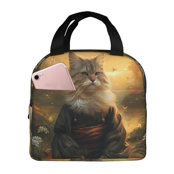 Picia Lakeside Flower Field Cat Printed Lunch box Lunch bag for Men Women Large Capacity Lunchbox Reusable Lunch Bags Insulated Lunch Bag Lunch Box Cooler