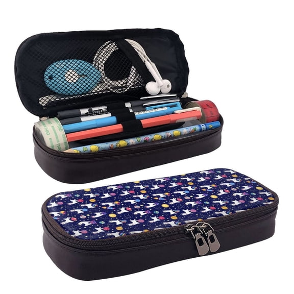 Picia Lama in Space Pattern Large Capacity PU Leather Pencil Case Organizer Pen Marker Holder Double Zipper Storage Bag Big Pencil Pouch for College Office