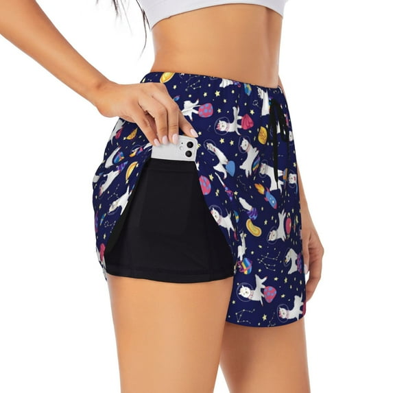 Picia Lama in Space Pattern Women's 2 in 1 Athletic Running Shorts High Waisted Workout Casual Gym Sweat Shorts with Comfy Liner Zipper Pockets-Small