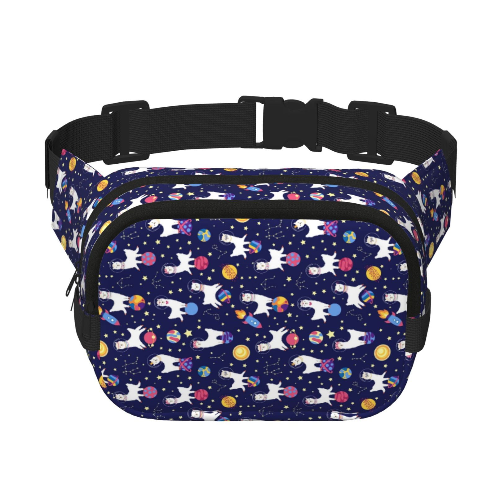 Picia Lama in Space Print Square Double-Layer Waist Bag Mini Adjustable Waist Belt Bag Exercise Running Travel Hiking