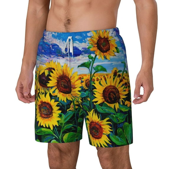 Picia Landscape With Sunflowers pattern Mens Swim Trunks with Compression Liner Stretch Beach Shorts Quick Dry with Zipper Pockets No-Chafing Board Shorts-X-Large