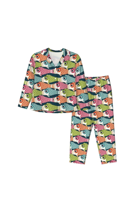 Lantern Koi Fish Pattern Women’s Long-Sleeve Sleepwear Set - Soft 2-Piece Loungewear with Pockets, Comfy PJs for Relaxing Nights-Large