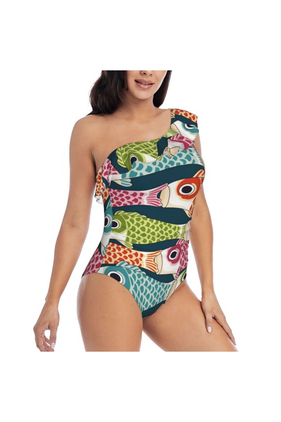 Lantern Koi Fish Pattern Women's One Piece Swimsuits,One Shoulder Swimwear Asymmetric ,Ruffle Monokinis Bathing Suits,High Waisted Flattering Bathing Suits-Large