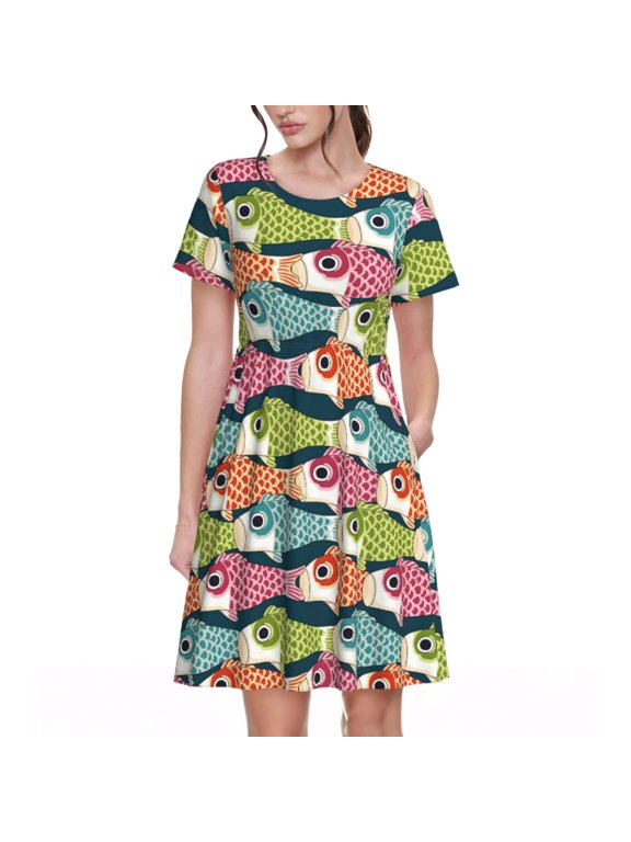 Lantern Koi Fish Pattern Women's Short Sleeve Summer Dress Pleated Loose Swing Knee Length Short Sleeve Swing Dresses