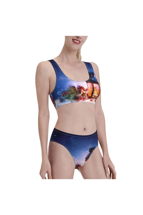 Lantern On Snow With Christmas Women's High Waisted Bikini Scoop Neck Swimsuit Two Pieces Bathing Suit-Large