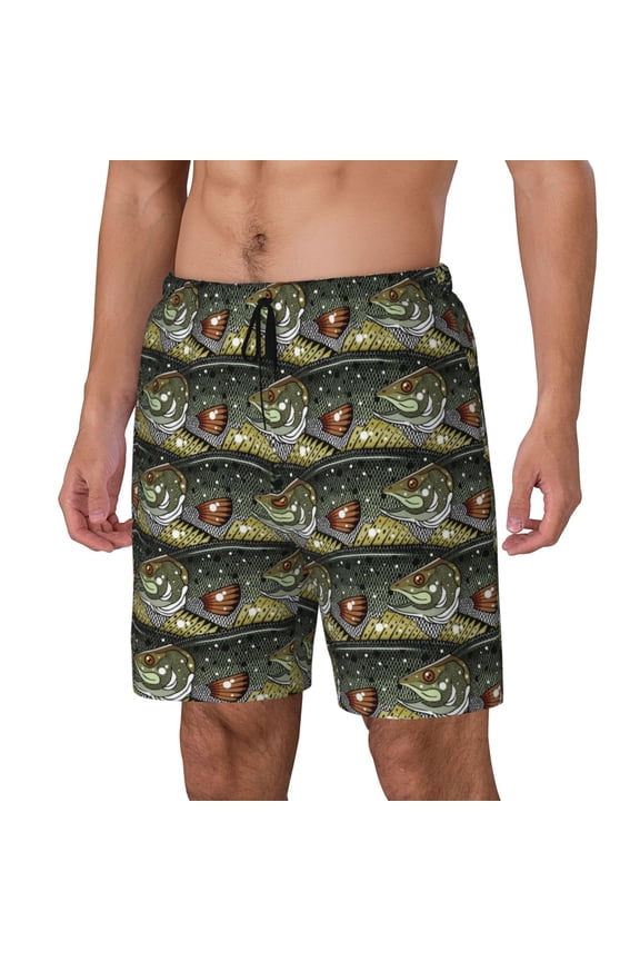 Largemouth Bass Fish Pattern Mens Swim Trunks with Compression Liner Stretch Beach Shorts Quick Dry with Zipper Pockets No-Chafing Board Shorts-Small