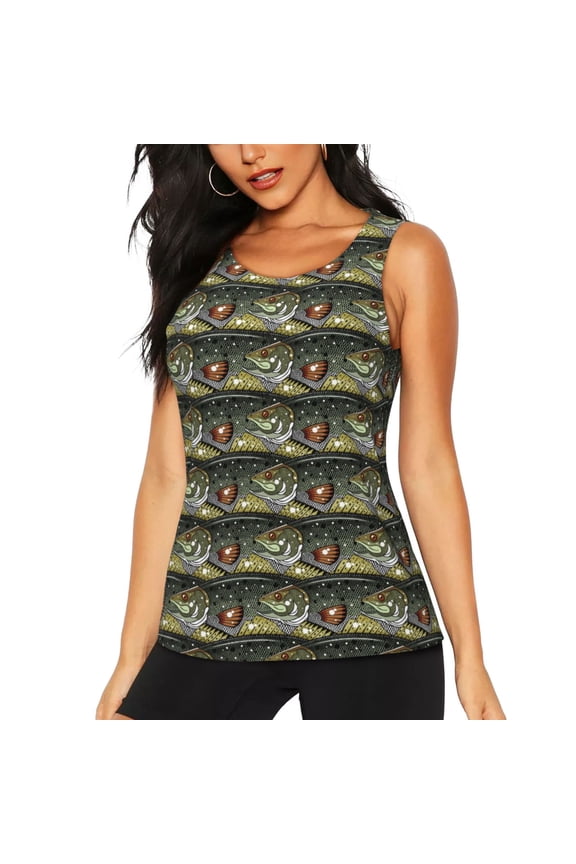 Largemouth Bass Fish Pattern Women's Workout Tank Top,Breathable Activewear,Slim Fit Athletic Top,Versatile Workout Moisture-wicking top-Medium
