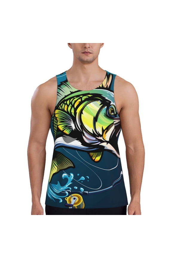 Largemouth Bass Fish Printed Men’s Performance Tank, Men's Workout Tank Top Moisture-Wicking Tank Top Muscle tee, Breathable Workout Shirt-Small