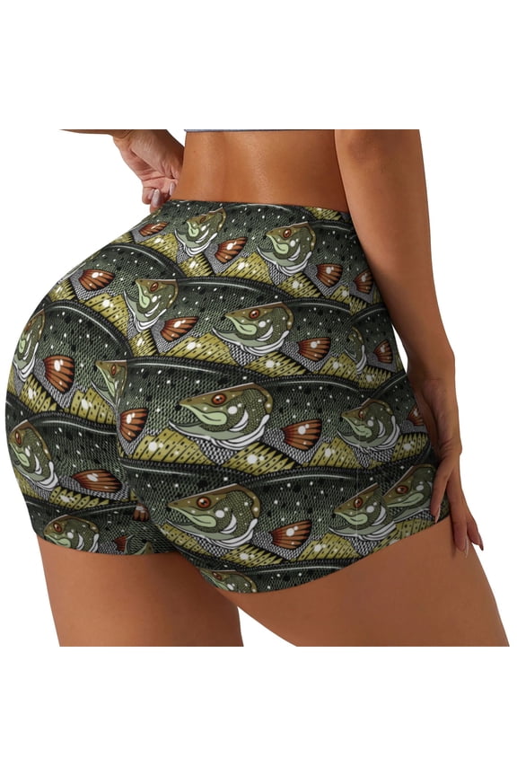 Largemouth Bass Fish Printed Workout Shorts for Women Seamless Scrunch Butt Lifting High Waisted Yoga Gym Booty Running Moisture-wicking Short Pants-Medium