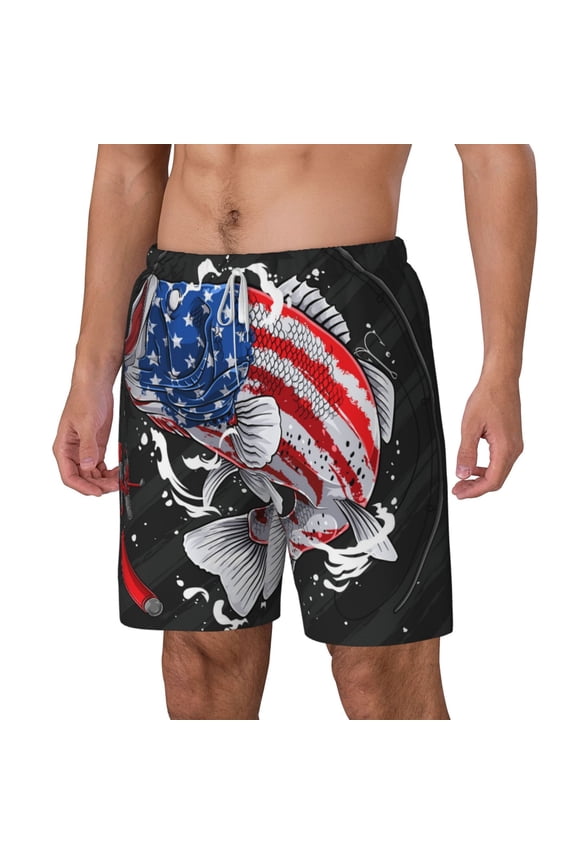 Largemouth Bass Fish in USA pattern Mens Swim Trunks with Compression Liner Stretch Beach Shorts Quick Dry with Zipper Pockets No-Chafing Board Shorts-Medium