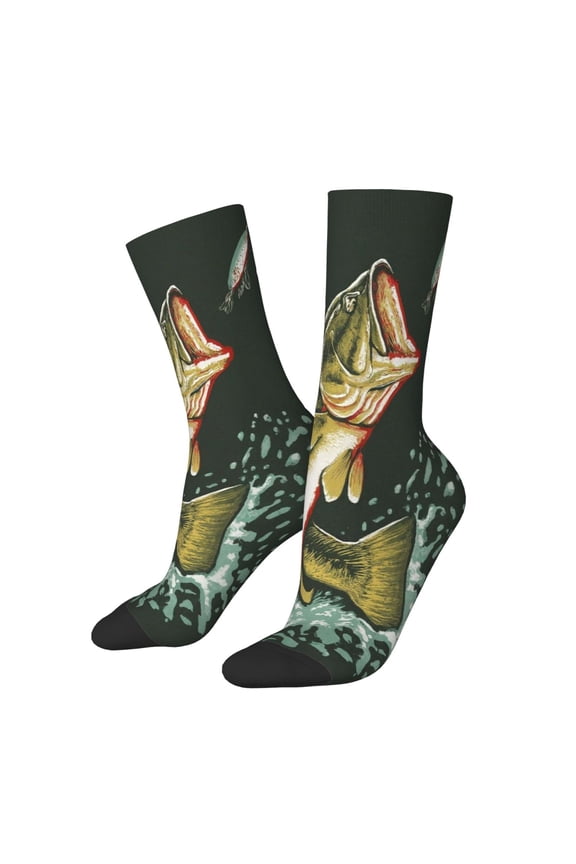 Largemouth Bass jumps out of water Print Athletic Socks for Men & Women – Cushioned Moisture-Wicking Crew Socks for Sports, Running, and Training, Soft & Breathable Size 5-11