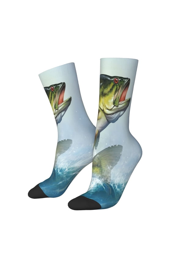 Largemouth Bass jumps out of water Print Athletic Socks for Men & Women – Cushioned Moisture-Wicking Crew Socks for Sports, Running, and Training, Soft & Breathable Size 5-11