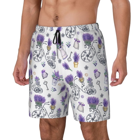 Picia Lavender Bicycle pattern Mens Swim Trunks with Compression Liner Stretch Beach Shorts Quick Dry with Zipper Pockets No-Chafing Board Shorts-