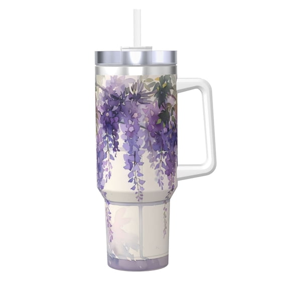 Picia Lavender Blooms Window Pattern 40oz Ice Bully Insulated Tumbler with Handle, Double-Wall Stainless Steel Cup, Leak-Proof Lid and Straw