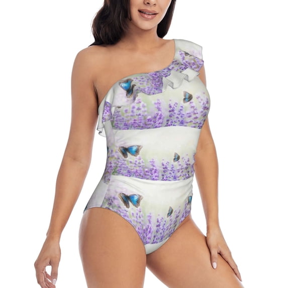 Picia Lavender and Butterfly Pattern Women's One Piece Swimsuits,One Shoulder Swimwear Asymmetric ,Ruffle Monokinis Bathing Suits,High Waisted Flattering Bathing Suits-X-Large
