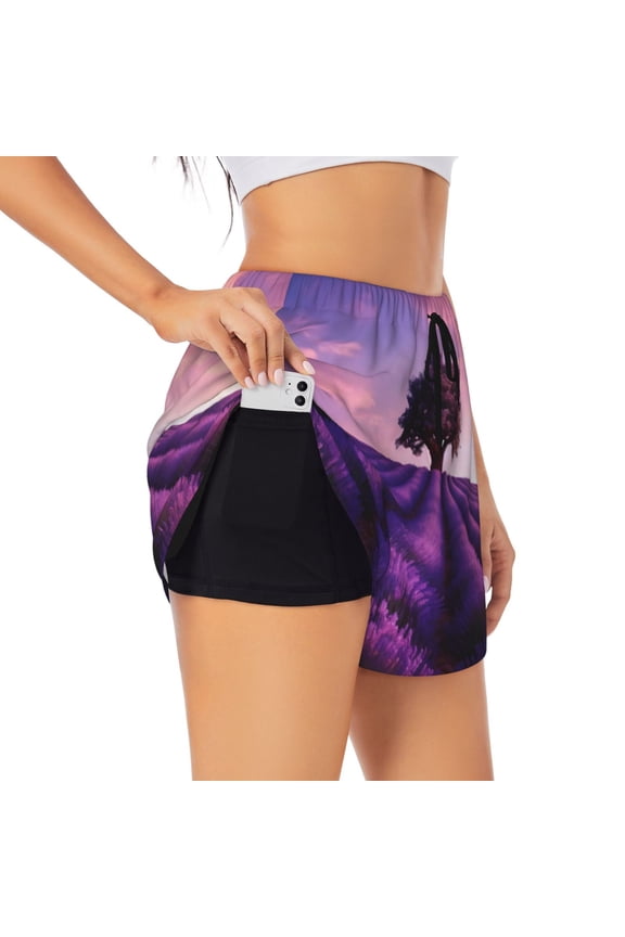 Lavender Field Sunset Pattern Women's 2 in 1 Athletic Running Shorts High Waisted Workout Casual Gym Sweat Shorts with Comfy Liner Zipper Pockets-Medium
