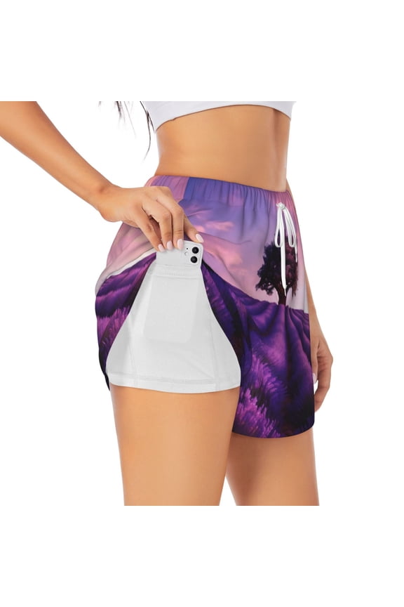 Lavender Field Sunset Pattern Women's 2 in 1 Athletic Running Shorts High Waisted Workout Casual Gym Sweat Shorts with Comfy Liner Zipper Pockets-X-Large