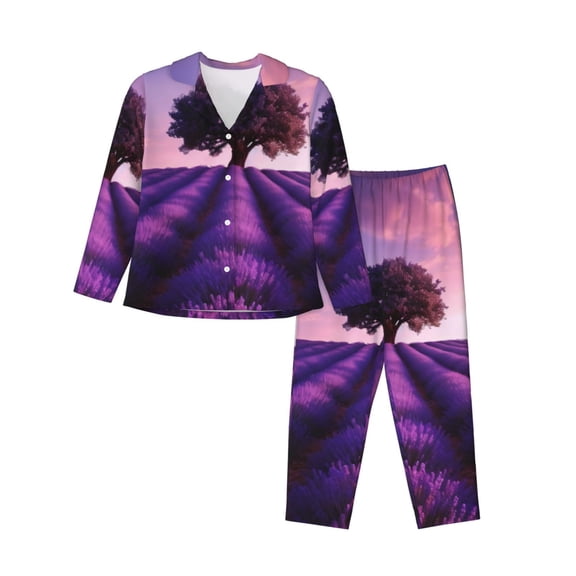 Picia Lavender Field Sunset Pattern Women’s Long-Sleeve Sleepwear Set - Soft 2-Piece Loungewear with Pockets, Comfy PJs for Relaxing Nights-Small