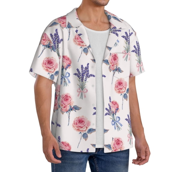 Picia Lavender Flowers Men's Linen Shirts Short Sleeve Cuban Beach Shirts Casual Shirts Button Down Shirt for Men Beach Summer Wedding Shirt-Small