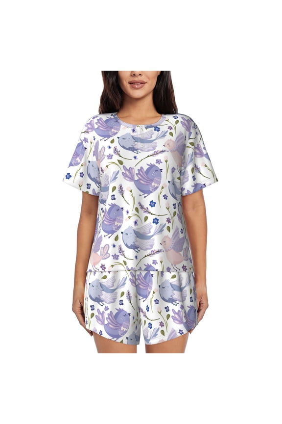 Lavender Flowers Pajamas Sets for Women Soft Short-Sleeved Pjs with Lounge Shorts Two Piece Sleepwear-Large
