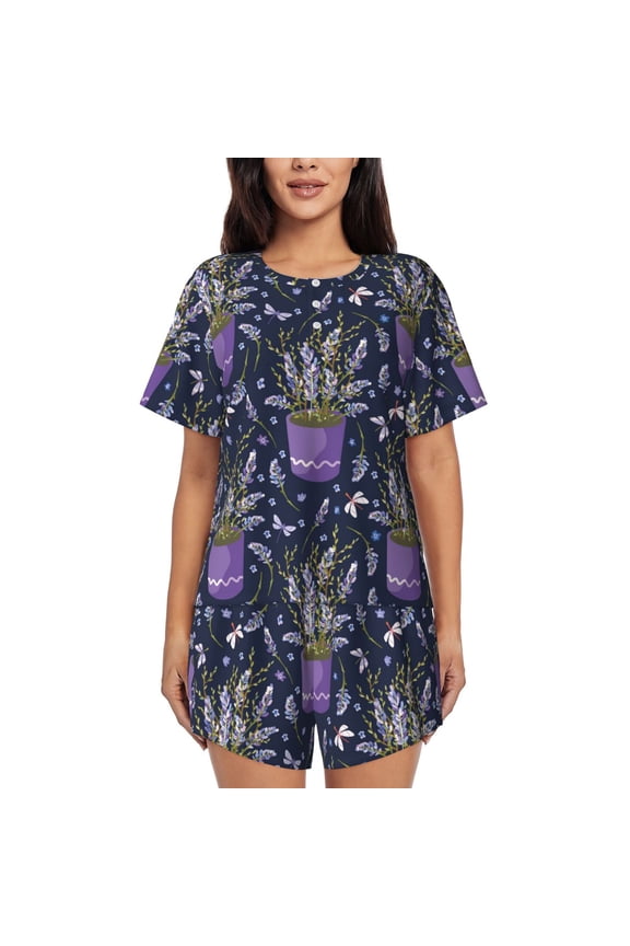 Lavender Flowers Pajamas Sets for Women Soft Short-Sleeved Pjs with Lounge Shorts Two Piece Sleepwear-Large