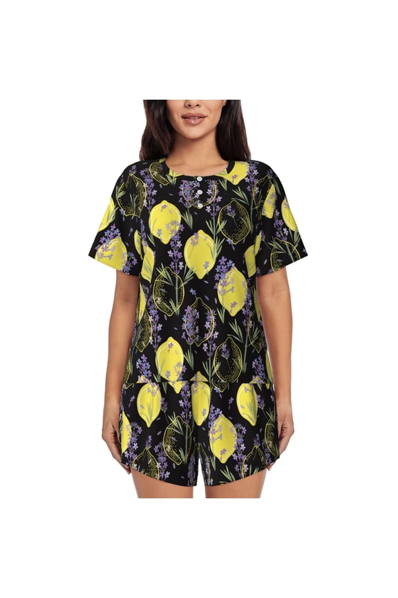 Lavender Flowers Pajamas Sets for Women Soft Short-Sleeved Pjs with Lounge Shorts Two Piece Sleepwear-Large