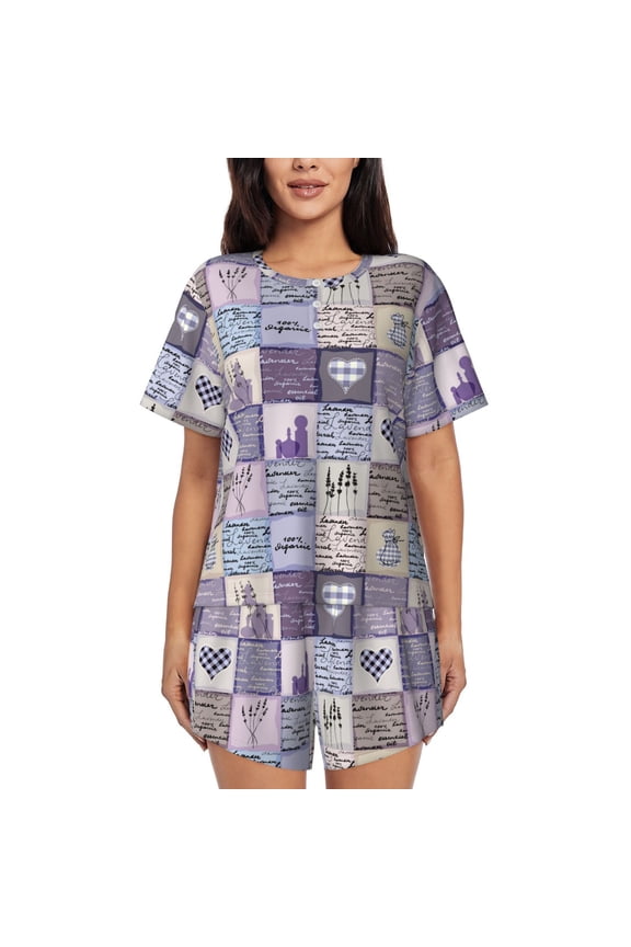 Lavender Flowers Pajamas Sets for Women Soft Short-Sleeved Pjs with Lounge Shorts Two Piece Sleepwear-Large