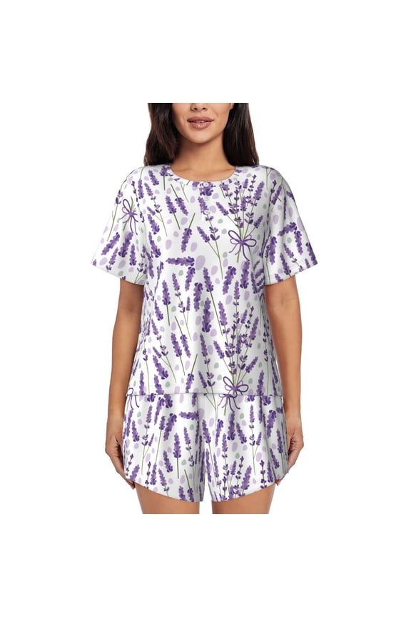 Lavender Flowers Pajamas Sets for Women Soft Short-Sleeved Pjs with Lounge Shorts Two Piece Sleepwear-Medium