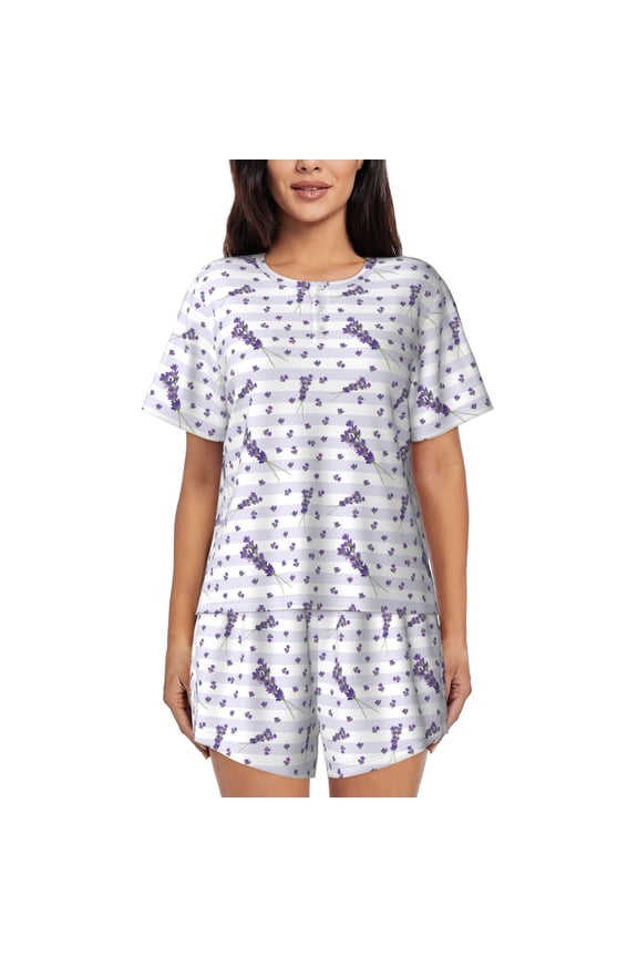 Lavender Flowers Pajamas Sets for Women Soft Short-Sleeved Pjs with Lounge Shorts Two Piece Sleepwear-Medium