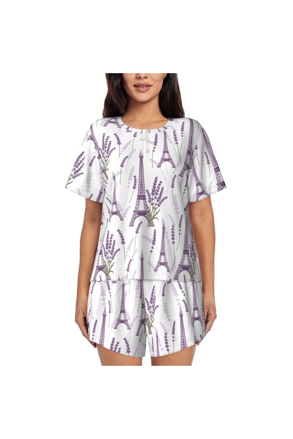 Lavender Flowers Pajamas Sets for Women Soft Short-Sleeved Pjs with Lounge Shorts Two Piece Sleepwear-Medium