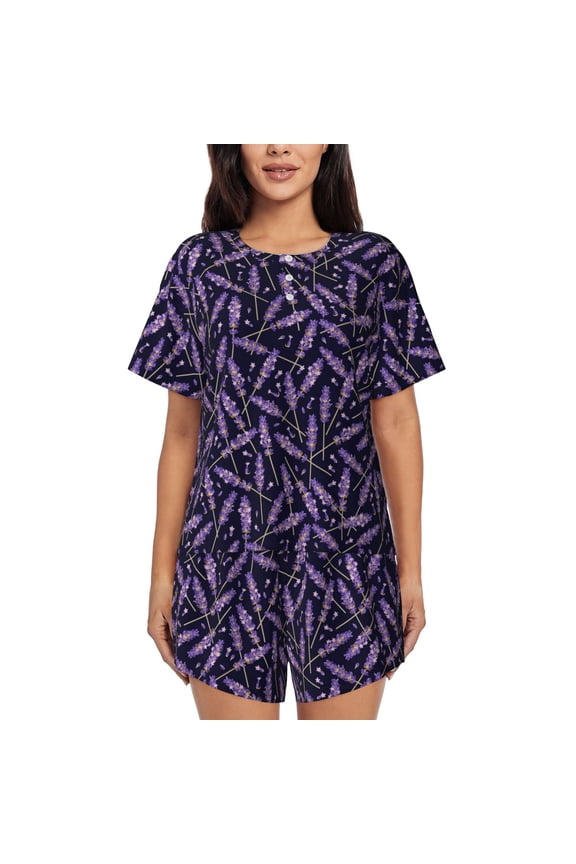Lavender Flowers Pajamas Sets for Women Soft Short-Sleeved Pjs with Lounge Shorts Two Piece Sleepwear-Small