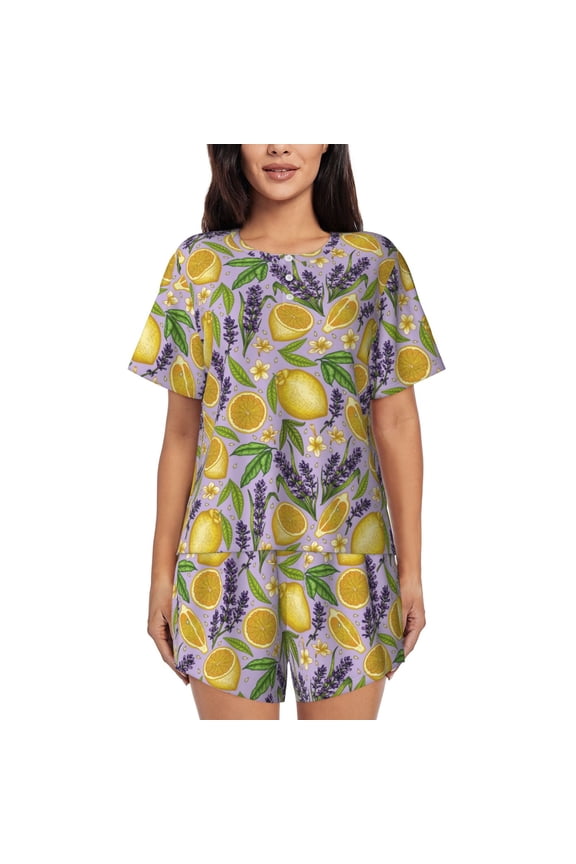 Lavender Flowers Pajamas Sets for Women Soft Short-Sleeved Pjs with Lounge Shorts Two Piece Sleepwear-Small