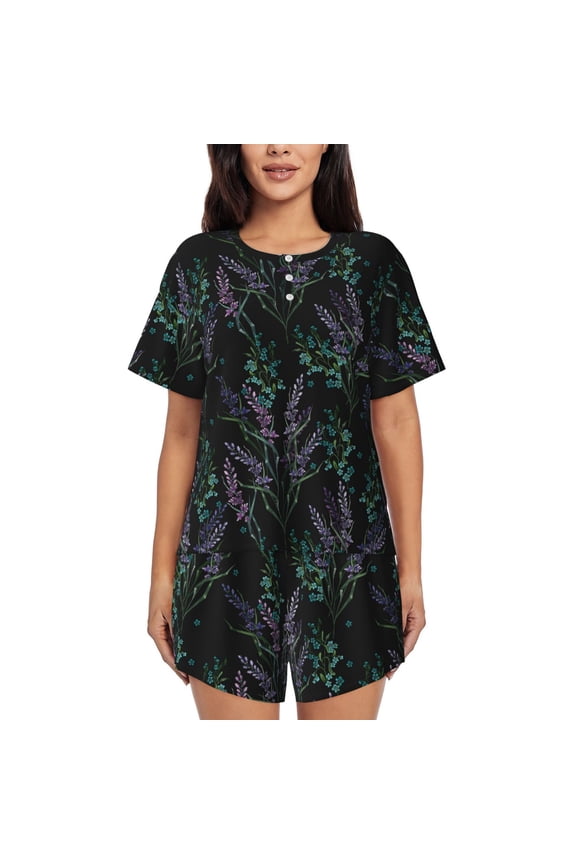 Lavender Flowers Pajamas Sets for Women Soft Short-Sleeved Pjs with Lounge Shorts Two Piece Sleepwear-Small