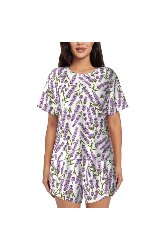 Lavender Flowers Pajamas Sets for Women Soft Short-Sleeved Pjs with Lounge Shorts Two Piece Sleepwear-Small