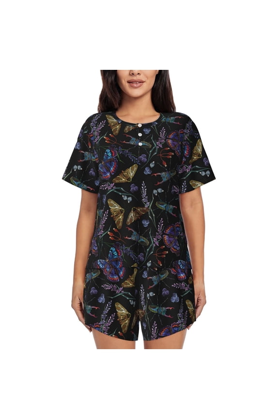 Lavender Flowers Pajamas Sets for Women Soft Short-Sleeved Pjs with Lounge Shorts Two Piece Sleepwear-Small