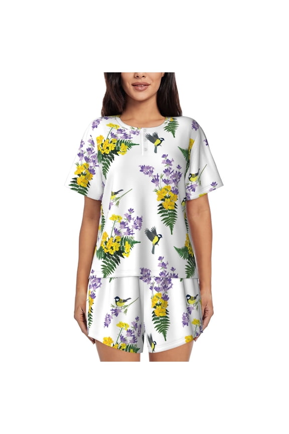 Lavender Flowers Pajamas Sets for Women Soft Short-Sleeved Pjs with Lounge Shorts Two Piece Sleepwear-XX-Large