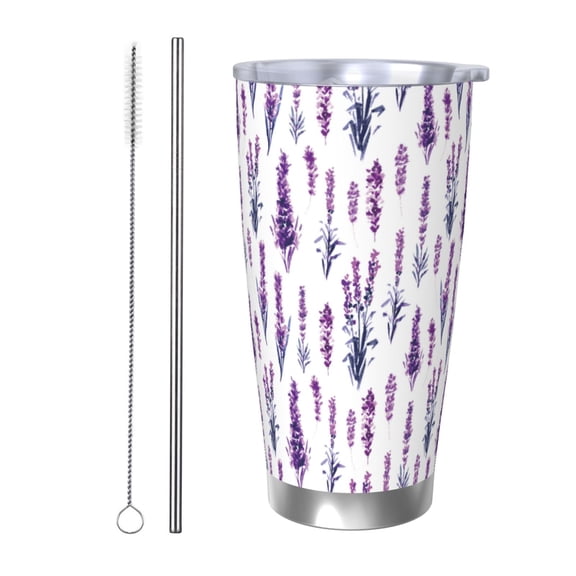 Picia Lavender Flowers Pattern 20 oz Tumbler Stainless Steel Vacuum Insulated Coffee Ice Cup Double Wall Travel Flask Dual Lid Water Bottle, Eco-friendly Car Cup