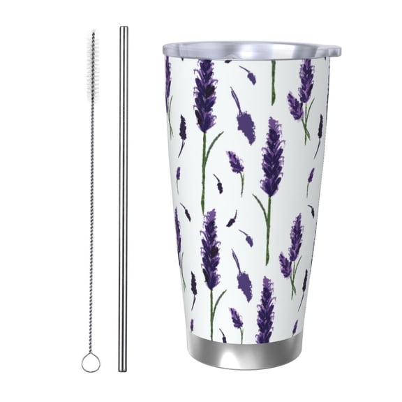 Picia Lavender Flowers Pattern 20 oz Tumbler Stainless Steel Vacuum Insulated Coffee Ice Cup Double Wall Travel Flask Dual Lid Water Bottle, Eco-friendly Car Cup