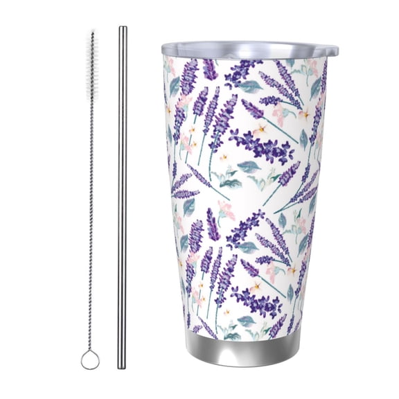 Picia Lavender Flowers Pattern 20 oz Tumbler Stainless Steel Vacuum Insulated Coffee Ice Cup Double Wall Travel Flask Dual Lid Water Bottle, Eco-friendly Car Cup
