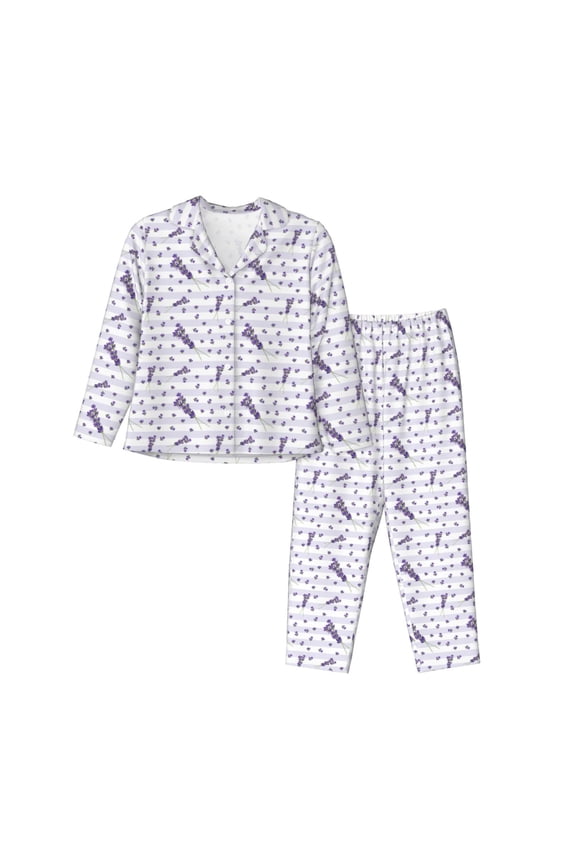 Lavender Flowers Pattern Women’s Long-Sleeve Sleepwear Set - Soft 2-Piece Loungewear with Pockets, Comfy PJs for Relaxing Nights-Small