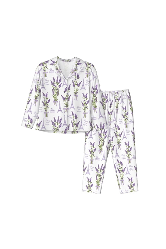 Lavender Flowers Pattern Women’s Long-Sleeve Sleepwear Set - Soft 2-Piece Loungewear with Pockets, Comfy PJs for Relaxing Nights-XX-Large